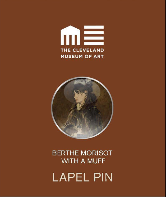 Lapel pin packaging with 'The Cleveland Museum of Art' branding and a depiction of a woman with a muff.