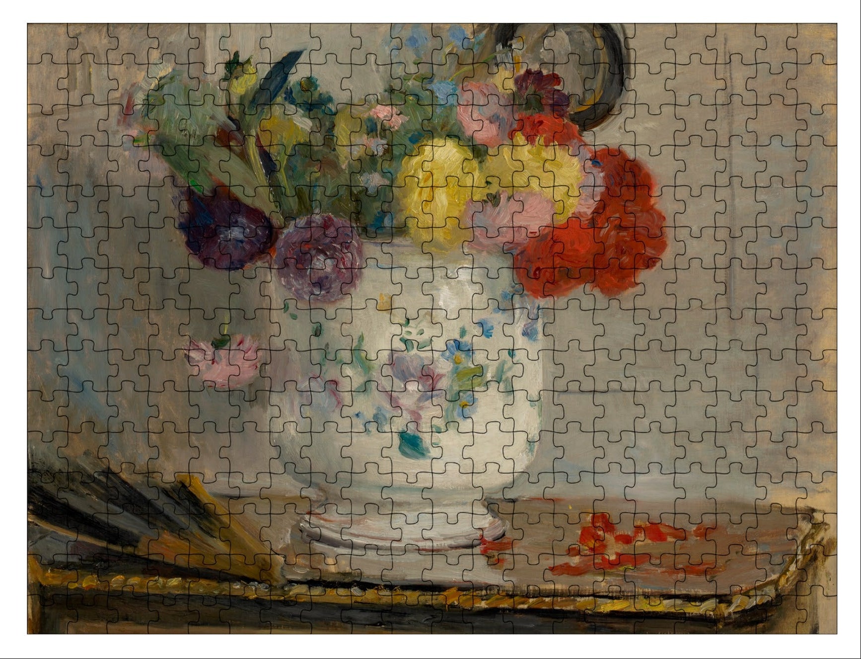 Jigsaw puzzle packaging featuring a painting of flowers in a vase by Manet & Merian.