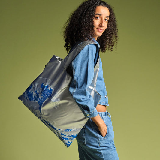 Katsushika Hokusai the Great Wave Silver Metallic Bag