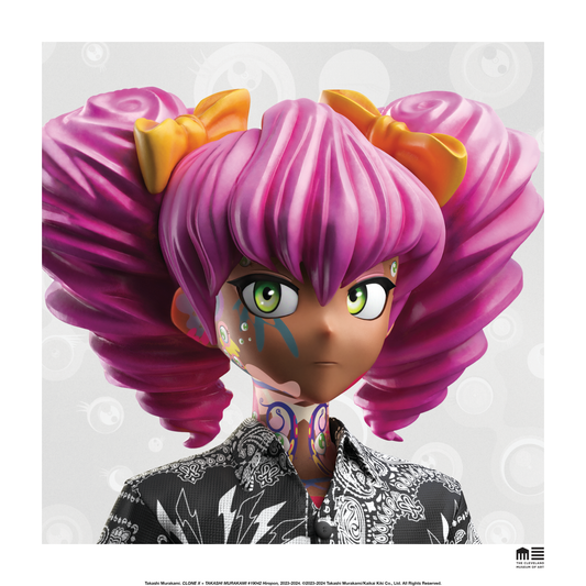 Character with vibrant pink hair and colorful bows on a white background