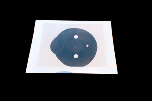Black circular object with three white dots on a white card against a black background