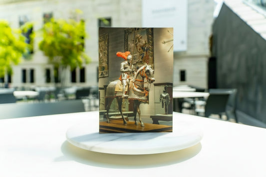 Notebook cover featuring an armored knight sitting on an armored horse in a museum gallery.