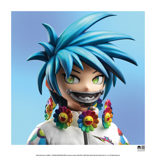 Colorful character with blue hair and flower earrings against a blue background