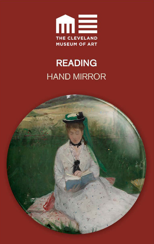 Reading hand mirror with artwork of a woman in a garden, featuring The Cleveland Museum of Art logo.