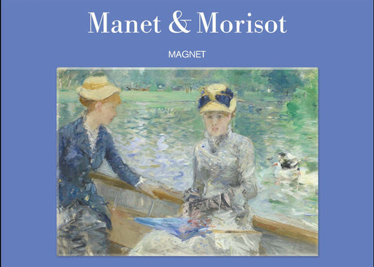 Magnet with images of two women in a boat and a man and child, featuring the works of Manet and Morisot.