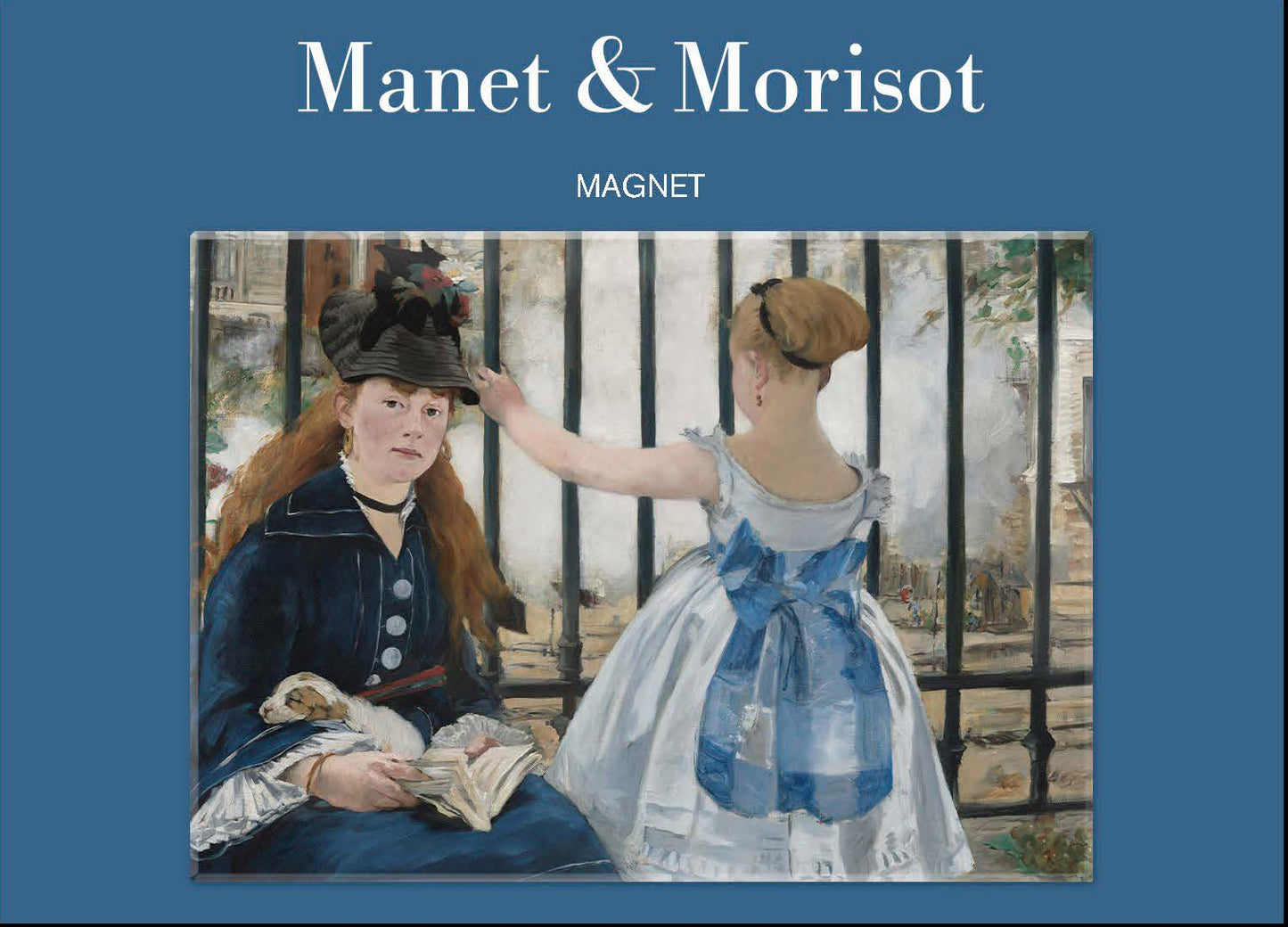 Magnet packaging featuring artwork by Manet and Morisot with a blue border.