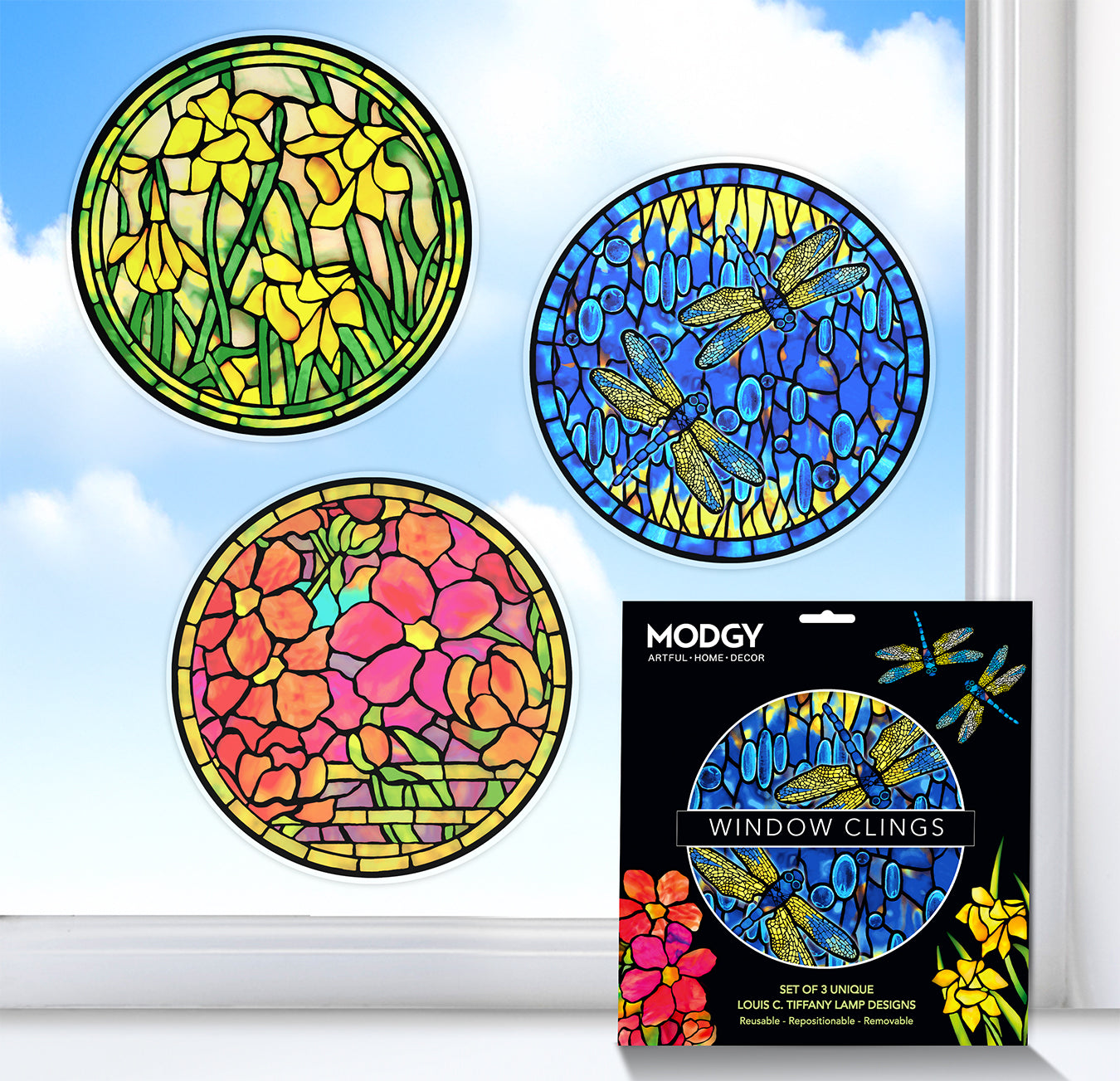 Set of three colorful window clings with packaging on a window background