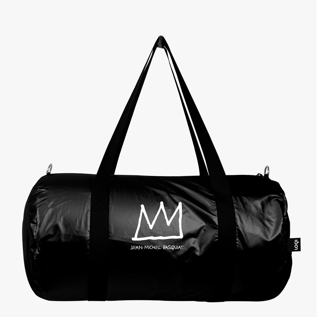Black duffel bag with a white logo on a white background
