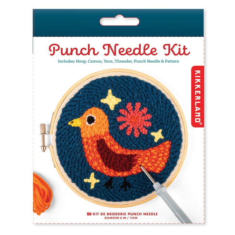 Punch needle kit packaging with a bird design on a blue background, featuring Kikkerland brand.