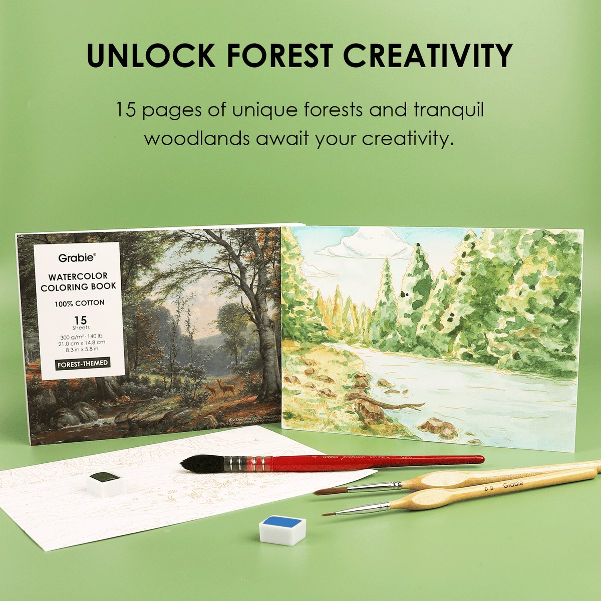 15 Sheets 140LB Forest-Themed Watercolor Coloring Book