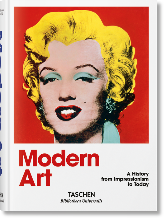 Book cover of 'Modern Art' by Taschen with a stylized portrait of a woman on a red background.