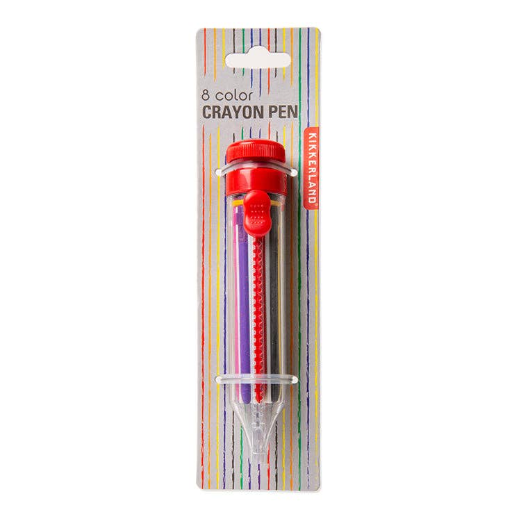 8-color crayon pen with red cap and colorful stripes on packaging