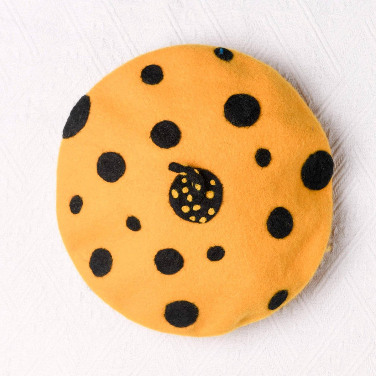 Yellow Pumpkin Black Polka Dot - Hand Felted Wool Beret Hat
