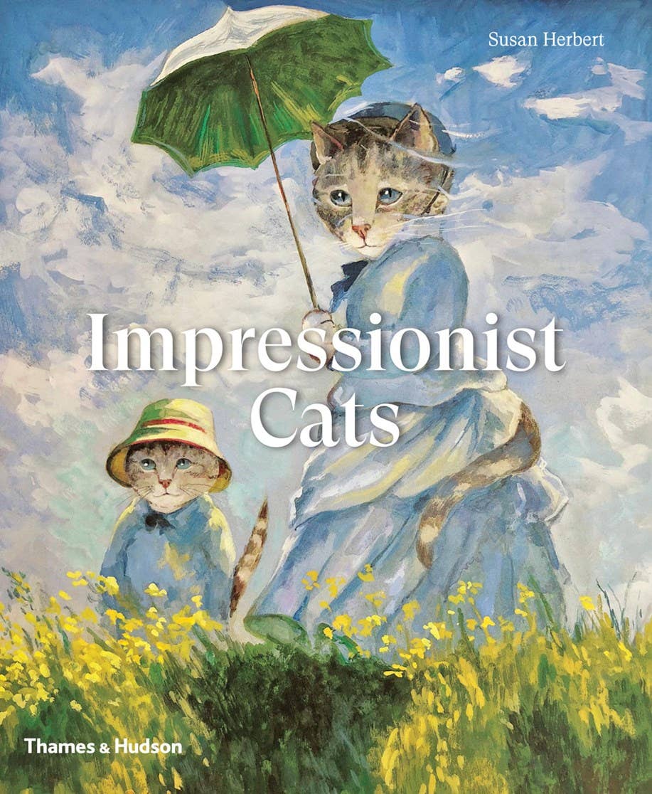Book cover of 'Impressionist Cats' with cats in a field and umbrella, featuring the author's name and publisher.