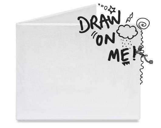 White wallet with 'Draw on Me!' text and doodles on a white background