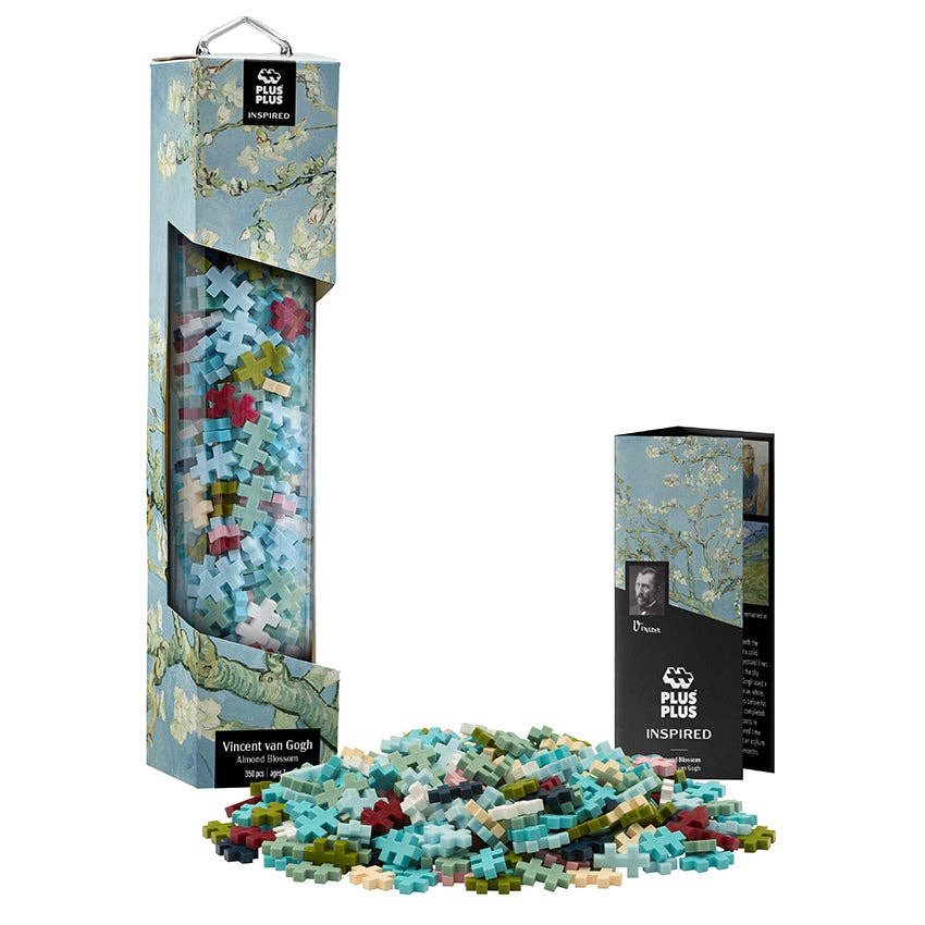 Puzzle pieces and packaging inspired by Van Gogh's 'Almond Blossoms' on a white background