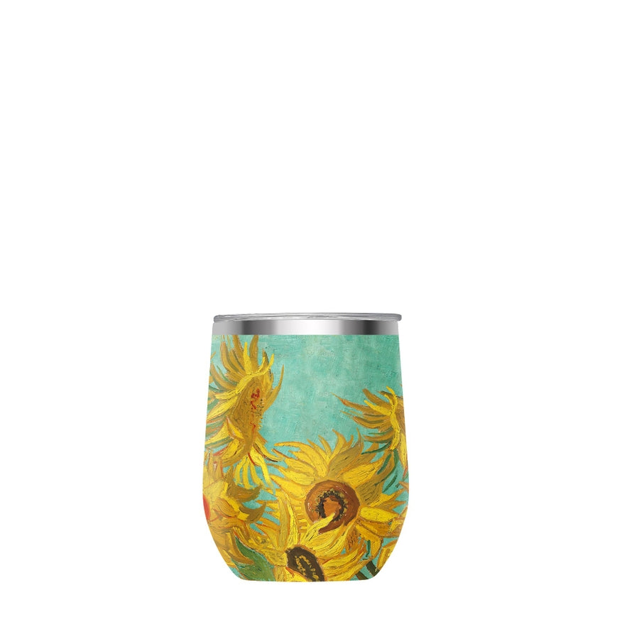 12 oz Stemless Wine Tumbler - Van Gogh "Sunflowers" - Silver Rim