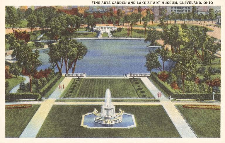 A vintage postcard depicting a bird's eye view of a park and art museum campus, featuring trees, a fountain, and a lake.