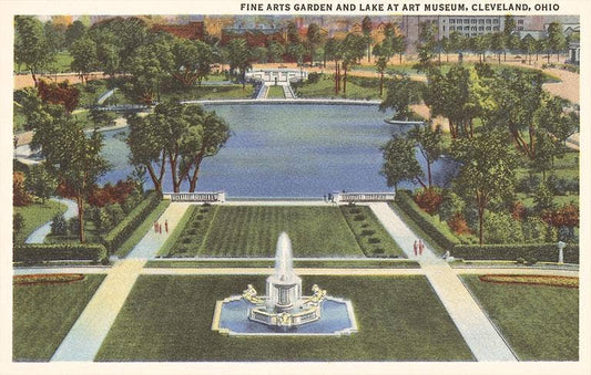 A vintage postcard depicting a bird's eye view of a park and art museum campus, featuring trees, a fountain, and a lake.