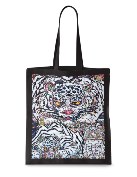 Black tote bag with a colorful tiger design on one side and plain black on the other, on a white background.