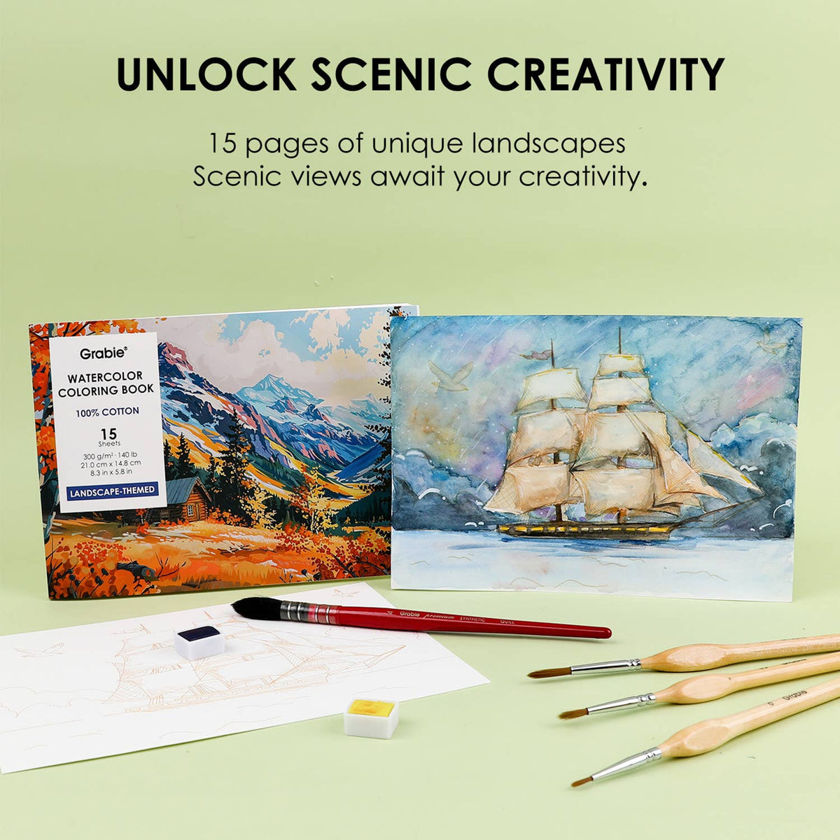 15 Sheets 140LB Landscape-Themed Watercolor Coloring Book