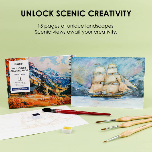 15 Sheets 140LB Landscape-Themed Watercolor Coloring Book