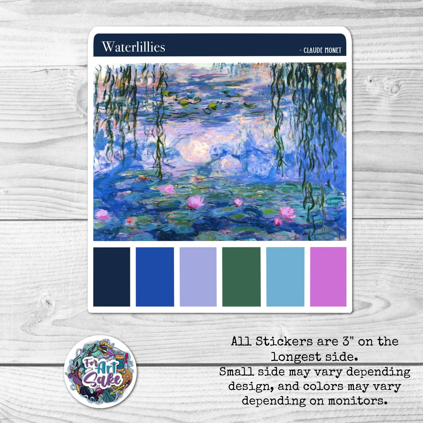 Sticker with 'Waterlilies' artwork by Claude Monet on a wooden surface.