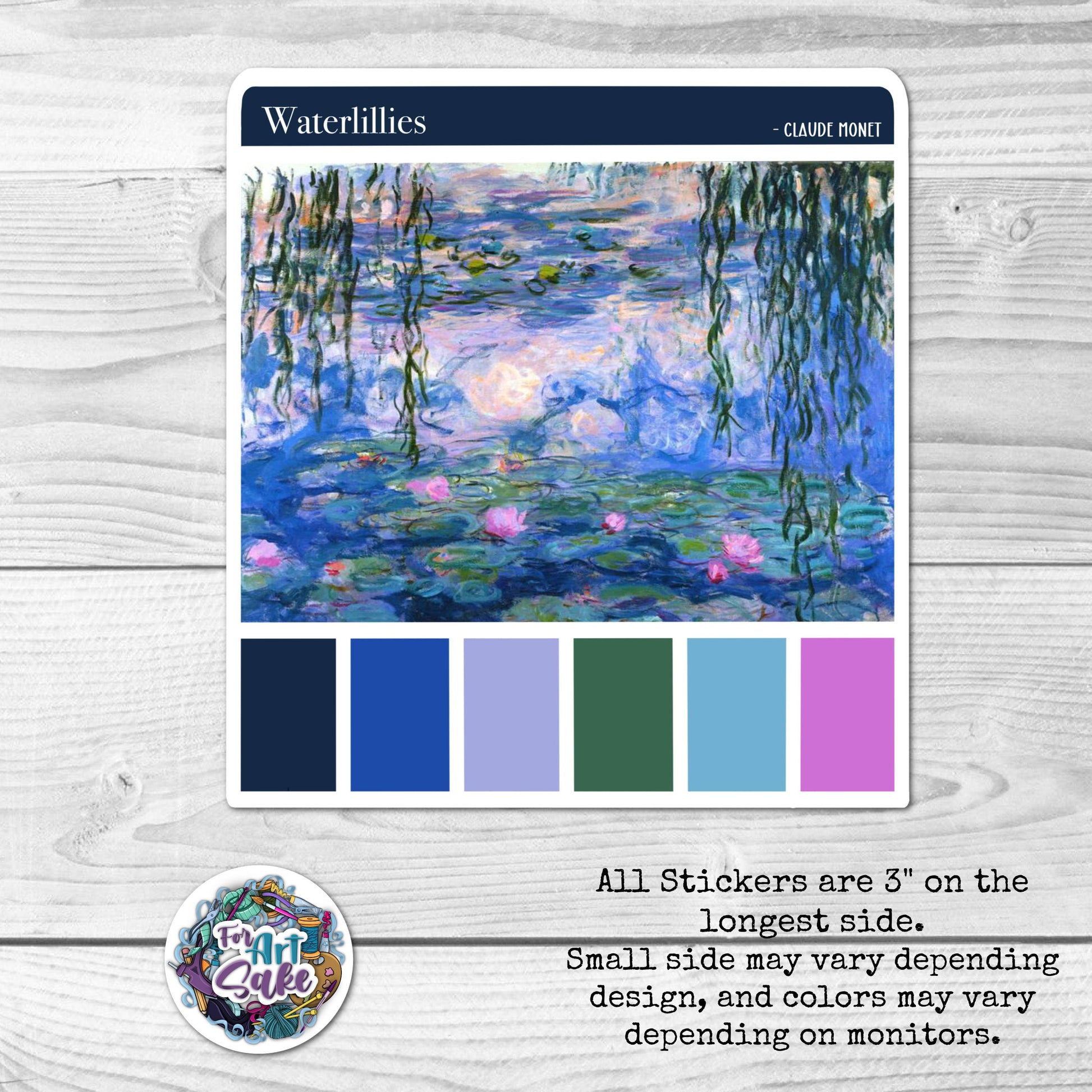 Sticker with 'Waterlilies' artwork by Claude Monet on a wooden surface.