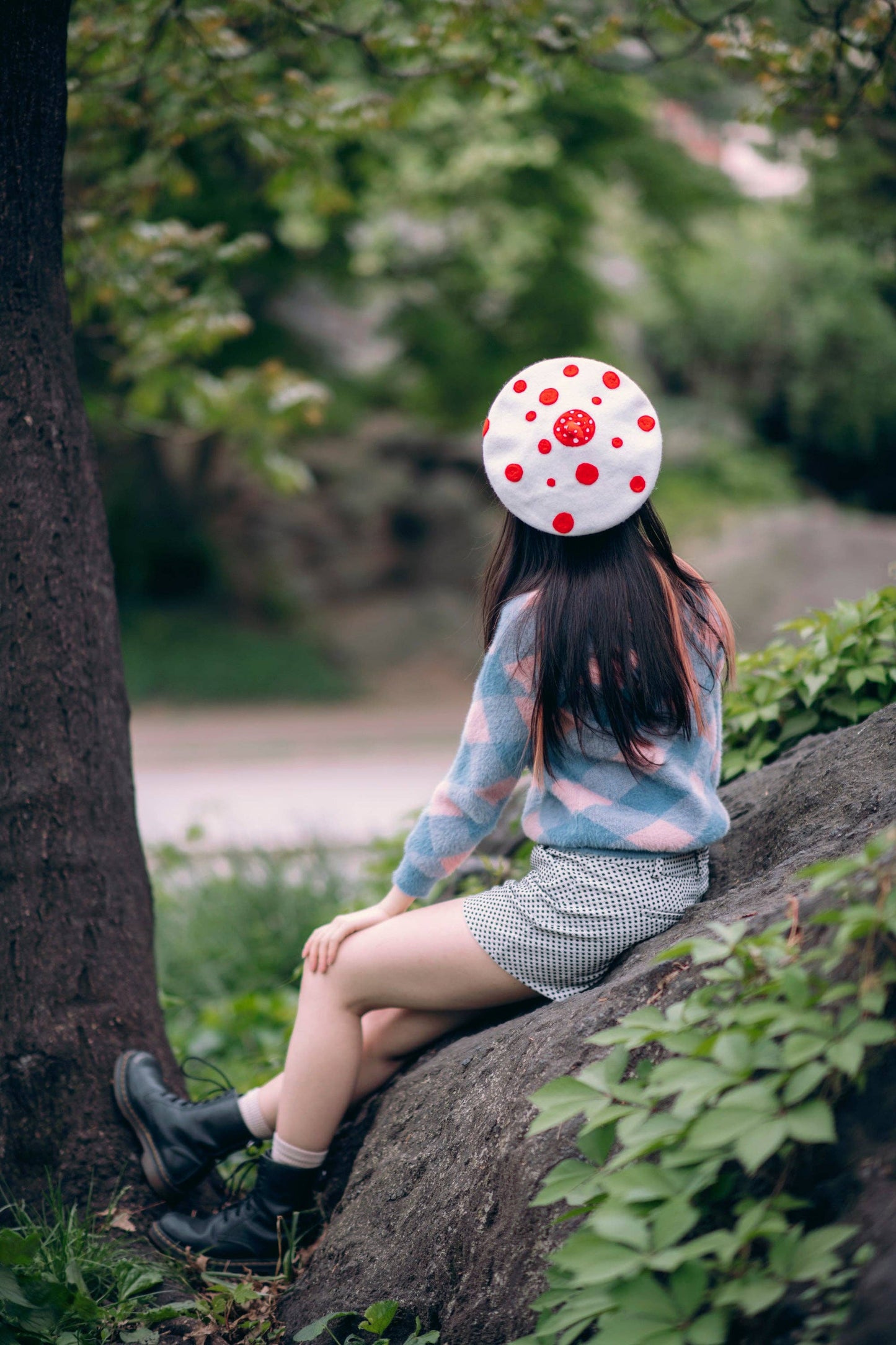 Yellow Pumpkin Black Polka Dot - Hand Felted Wool Beret Hat