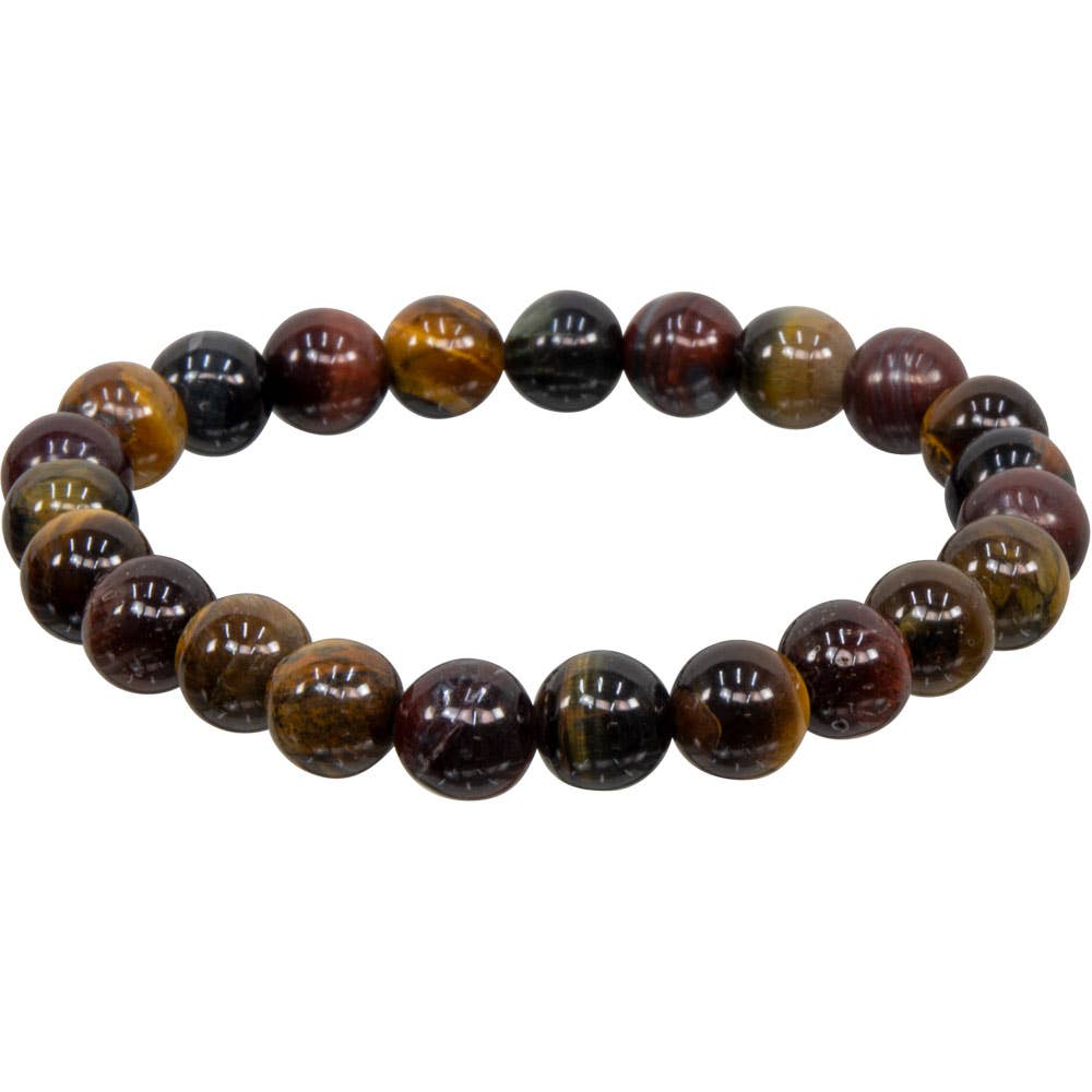 Elastic Bracelet 8mm Round Beads - Tri Colored Tiger Eye