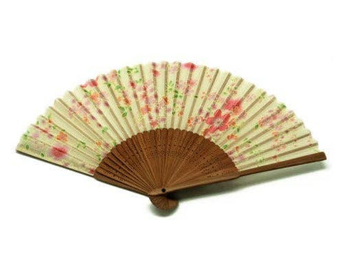 Silk Fan, Pale Green With Pink Flowers And Green Leaves