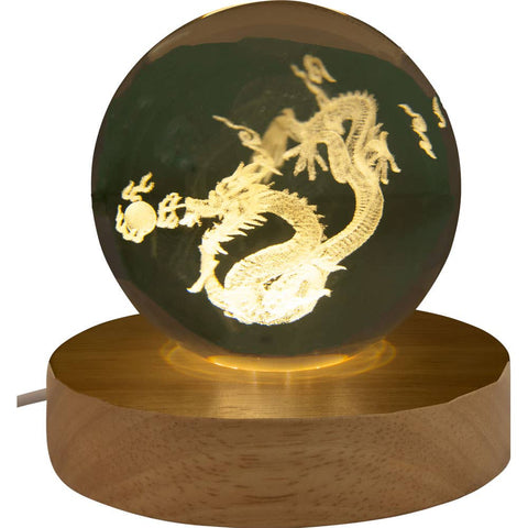Glass Crystal Ball - 3D Laser Engraved w/Wood LED Light