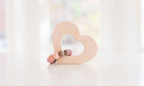 Heart Grasping Wooden Baby Toy with Teething Beads