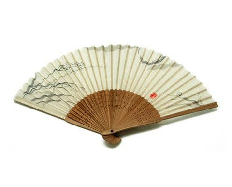 Silk Fan, Light Gray With Leaves And Red Seal